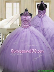 Halter Top Spring and Summer and Fall and Winter Tulle Sleeveless Sweet 16 Dresses Sweep Train andBeading and Embroidery