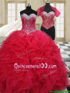 Dramatic Red Ball Gowns Sweetheart Sleeveless Organza Floor Length Lace Up Beading Sweet 16 Quinceanera Dress