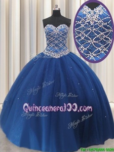Navy Blue Sleeveless Beading and Sequins Floor Length Quinceanera Dresses