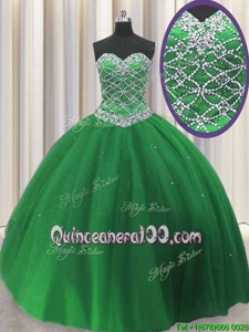 Fashion Green Lace Up Sweetheart Beading Quinceanera Gowns Tulle Sleeveless