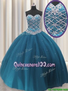Perfect Teal Tulle Lace Up Sweetheart Sleeveless Floor Length Quinceanera Gown Beading and Sequins