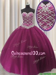 Modern Sequins Ball Gowns Quinceanera Dress Fuchsia Sweetheart Tulle Sleeveless Floor Length Lace Up