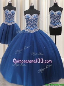 Fashionable Three Piece Blue Quinceanera Dress Military Ball and Sweet 16 and Quinceanera and For withBeading and Sequins Sweetheart Sleeveless Lace Up
