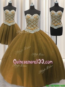 Flare Three Piece Sweetheart Sleeveless Sweet 16 Dresses Floor Length Beading and Sequins Brown Tulle