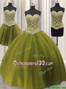 Dramatic Three Piece Tulle Sweetheart Sleeveless Lace Up Beading and Sequins Quince Ball Gowns inOlive Green