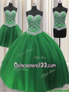 Fine Three Piece Sleeveless Floor Length Beading and Sequins Lace Up 15 Quinceanera Dress with Green
