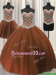Super Three Piece Brown Ball Gowns Beading and Sequins Quinceanera Gown Lace Up Tulle Sleeveless Floor Length