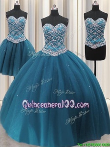 Elegant Three Piece Tulle Sweetheart Sleeveless Lace Up Beading and Ruffles Quince Ball Gowns inTeal