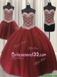 Luxurious Three Piece Sequins Sweetheart Sleeveless Lace Up Sweet 16 Dress Burgundy Tulle