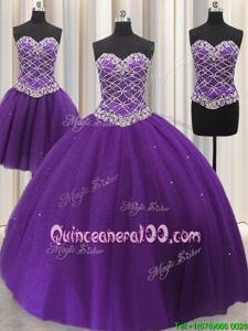 High Class Three Piece Sleeveless Beading and Sequins Lace Up Quinceanera Dress