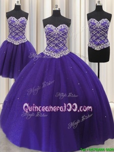 Classical Three Piece Purple Sleeveless Floor Length Beading and Sequins Lace Up Quinceanera Gown