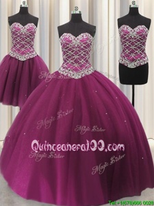 Three Piece Fuchsia Lace Up Sweetheart Beading and Sequins Quinceanera Dress Tulle Sleeveless