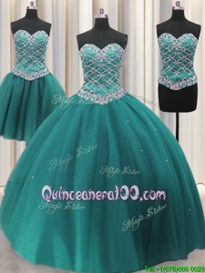 Popular Three Piece Teal Ball Gowns Tulle Sweetheart Sleeveless Beading and Sequins Floor Length Lace Up Quinceanera Dress