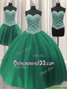 Dazzling Three Piece Floor Length Green Quinceanera Gown Sweetheart Sleeveless Lace Up