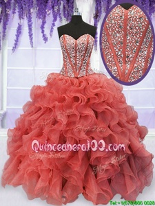 Dazzling Coral Red Organza Lace Up Quinceanera Dress Sleeveless Floor Length Beading and Ruffles
