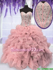 Beautiful Sleeveless Floor Length Beading and Ruffles Lace Up Sweet 16 Dress with Pink