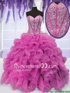 Hot Pink Sleeveless Beading and Ruffles Floor Length Sweet 16 Dress