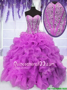 Cheap Fuchsia Ball Gowns Organza Sweetheart Sleeveless Beading and Ruffles Floor Length Lace Up 15 Quinceanera Dress