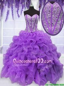 Comfortable Organza Sweetheart Sleeveless Lace Up Beading and Ruffles Quinceanera Gown inPurple