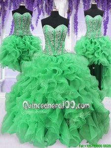 Dramatic Four Piece Green Ball Gowns Organza Sweetheart Sleeveless Beading and Ruffles Floor Length Lace Up Quinceanera Dress