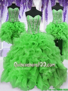 Deluxe Four Piece Sleeveless Floor Length Beading and Ruffles Lace Up 15 Quinceanera Dress with Spring Green