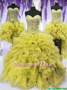Glamorous Four Piece Floor Length Light Yellow Quinceanera Dress Organza Sleeveless Spring and Summer and Fall and Winter Beading and Ruffles