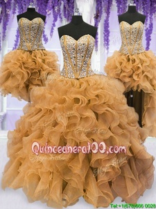 Artistic Four Piece Beading and Ruffles 15th Birthday Dress Gold Lace Up Sleeveless Floor Length