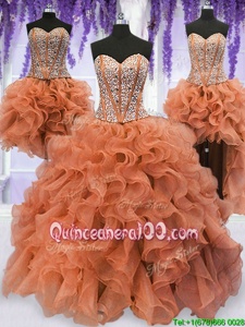 Suitable Four Piece Organza Sweetheart Sleeveless Lace Up Beading and Ruffles Sweet 16 Quinceanera Dress inOrange