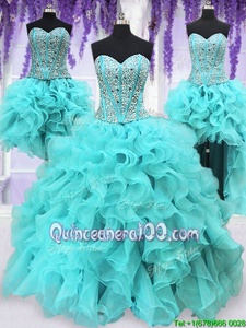 Sophisticated Four Piece Sequins Ball Gowns 15th Birthday Dress Aqua Blue Sweetheart Organza Sleeveless Floor Length Lace Up