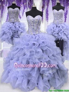 Modern Four Piece Ruffles and Sequins Quinceanera Gown Lavender Lace Up Sleeveless Floor Length