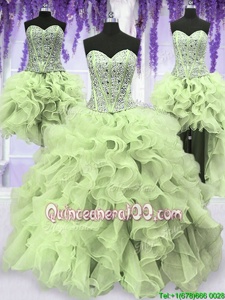 Adorable Four Piece Sequins Floor Length Yellow Green Ball Gown Prom Dress Sweetheart Sleeveless Lace Up