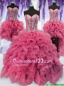 Discount Four Piece Pink Lace Up Sweetheart Ruffled Layers and Sequins Vestidos de Quinceanera Organza Sleeveless