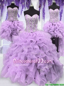 Eye-catching Four Piece Lavender Lace Up Vestidos de Quinceanera Ruffles and Sequins Sleeveless Floor Length
