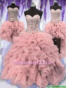 Low Price Four Piece Pink Sweetheart Neckline Ruffles and Sequins Quinceanera Dress Sleeveless Lace Up