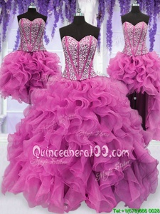 Fashion Four Piece Lilac Ball Gowns Organza Sweetheart Sleeveless Ruffles and Sequins Floor Length Lace Up Vestidos de Quinceanera