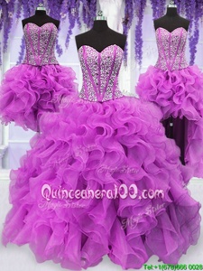 Sweet Four Piece Fuchsia Ball Gown Prom Dress Military Ball and Sweet 16 and Quinceanera and For withRuffles and Sequins Sweetheart Sleeveless Lace Up