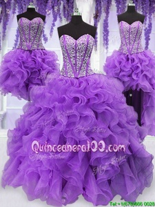 Dynamic Four Piece Eggplant Purple Sweetheart Neckline Ruffles and Sequins Quinceanera Gowns Sleeveless Lace Up