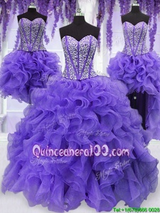 Four Piece Organza Sweetheart Sleeveless Lace Up Embroidery and Ruffles and Ruffled Layers and Sashes|ribbons Quinceanera Dress inLavender