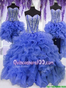 Customized Four Piece Floor Length Royal Blue Sweet 16 Dresses Organza Sleeveless Spring and Summer and Fall and Winter Ruffles and Sequins