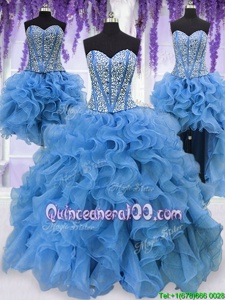 Dramatic Four Piece Blue Ball Gowns Ruffles and Sequins Quinceanera Dresses Lace Up Organza Sleeveless Floor Length