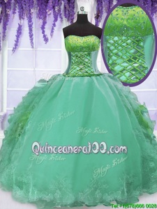 New Style Turquoise Strapless Lace Up Embroidery and Ruffles Sweet 16 Dress Sleeveless