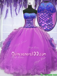 Cute Floor Length Purple 15 Quinceanera Dress Organza Sleeveless Spring and Summer and Fall and Winter Embroidery and Ruffles