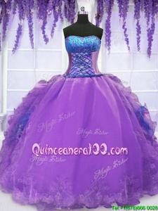 Great Purple Organza Lace Up Quinceanera Dress Sleeveless Floor Length Embroidery and Ruffles