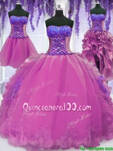 Custom Design Four Piece Sweetheart Sleeveless Lace Up Sweet 16 Dress Lilac Organza