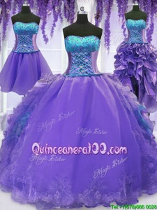 Elegant Four Piece Embroidery and Ruffles Quinceanera Dress Lavender Lace Up Sleeveless Floor Length