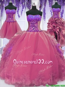 Luxurious Four Piece Pink Sleeveless Floor Length Embroidery and Ruffles Lace Up Quinceanera Dress
