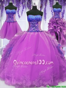 Inexpensive Four Piece Strapless Sleeveless Lace Up Ball Gown Prom Dress Purple Organza