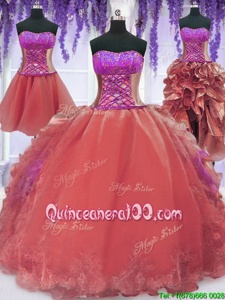 Unique Four Piece Watermelon Red Lace Up Quinceanera Dresses Embroidery and Ruffles Sleeveless Floor Length