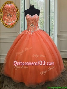 Exceptional Orange Lace Up Quinceanera Dress Sequins Sleeveless Floor Length