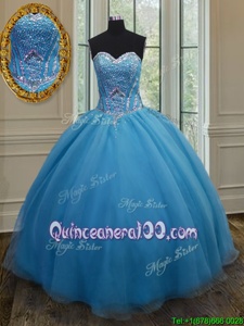 Gorgeous Baby Blue Lace Up Sweet 16 Quinceanera Dress Beading and Belt Sleeveless Floor Length
